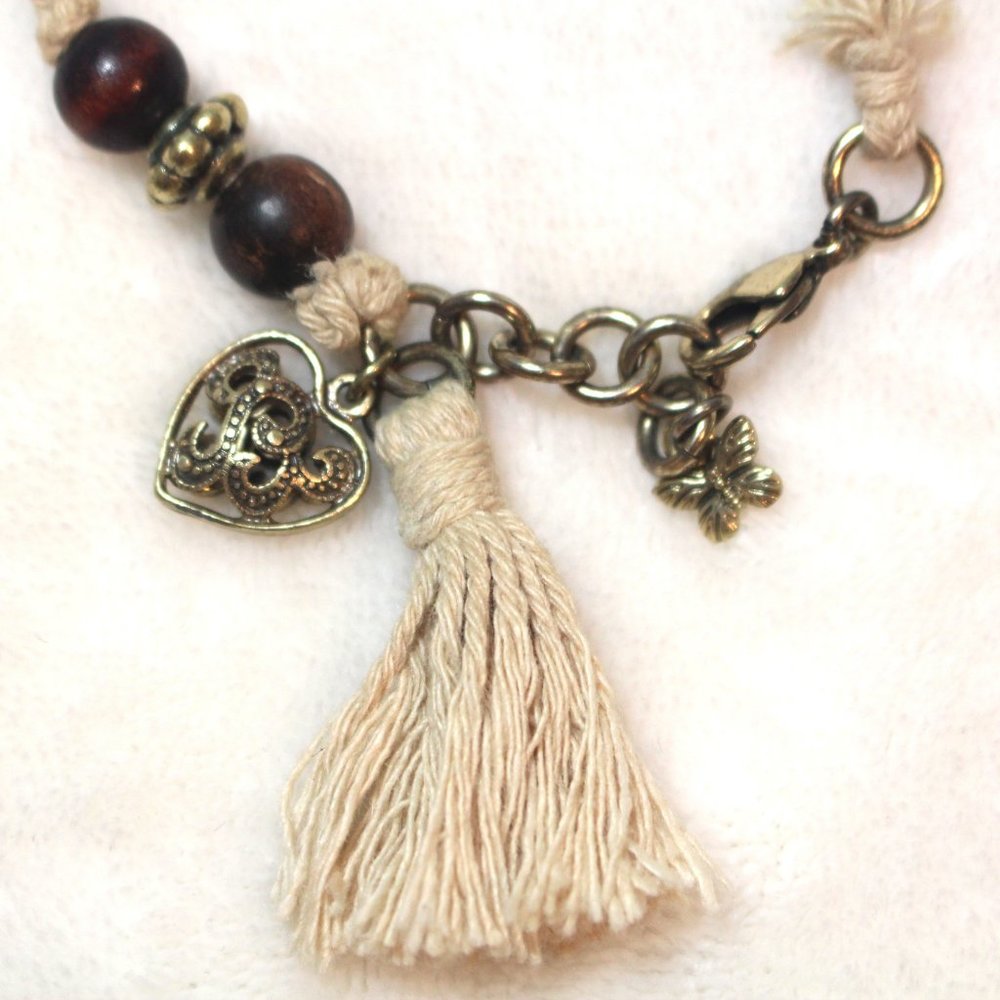 Boutique Natural Rope Bronze Charm Heart Butterfly Bohemian Wood Bead Bracelet - Picture 10 of 12